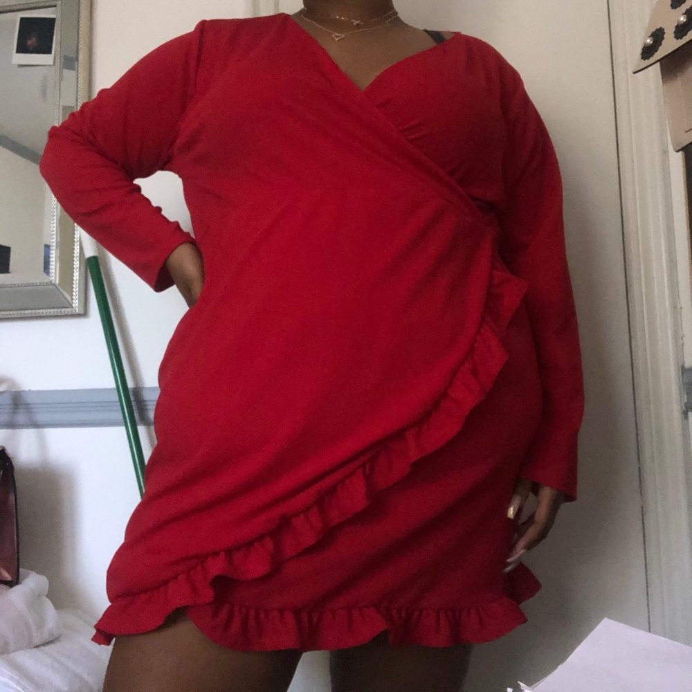 Red Ruffle Detail Wrap Dress